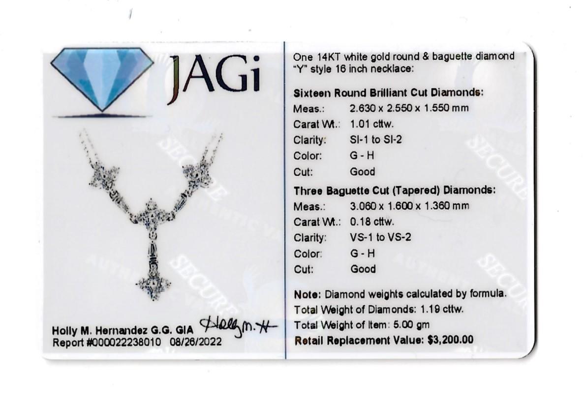 Round and Baguette Diamond 'Y' Shaped Double Chain Drop Necklace in White Gold For Sale 7