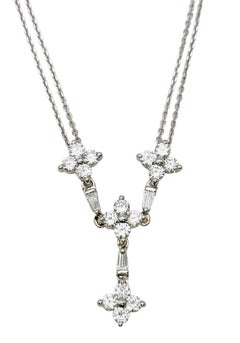 Round and Baguette Diamond 'Y' Shaped Double Chain Drop Necklace in White Gold
