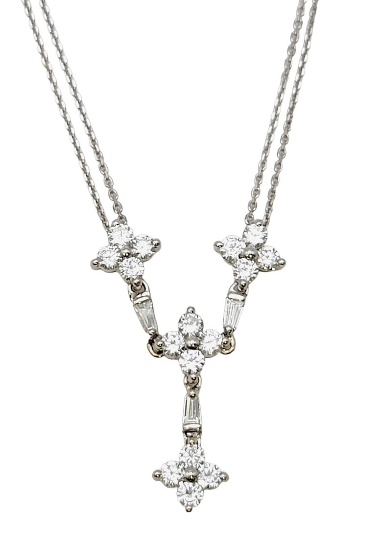 Round and Baguette Diamond 'Y' Shaped Double Chain Drop Necklace in
