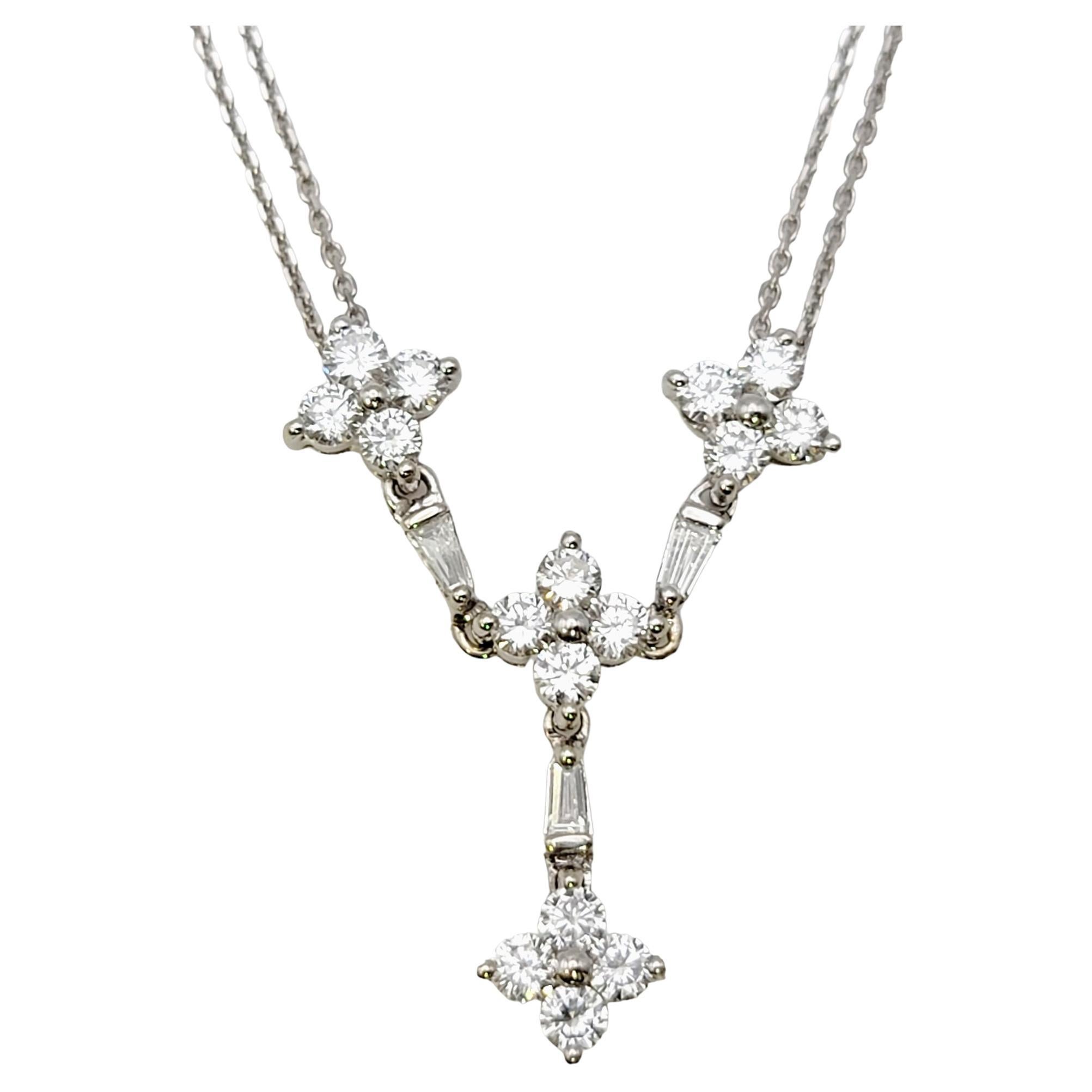 Round and Baguette Diamond 'Y' Shaped Double Chain Drop Necklace in White Gold For Sale
