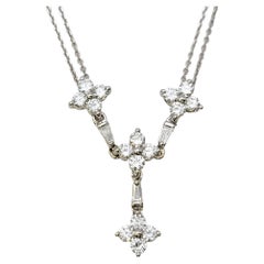 Round and Baguette Diamond 'Y' Shaped Double Chain Drop Necklace in White Gold