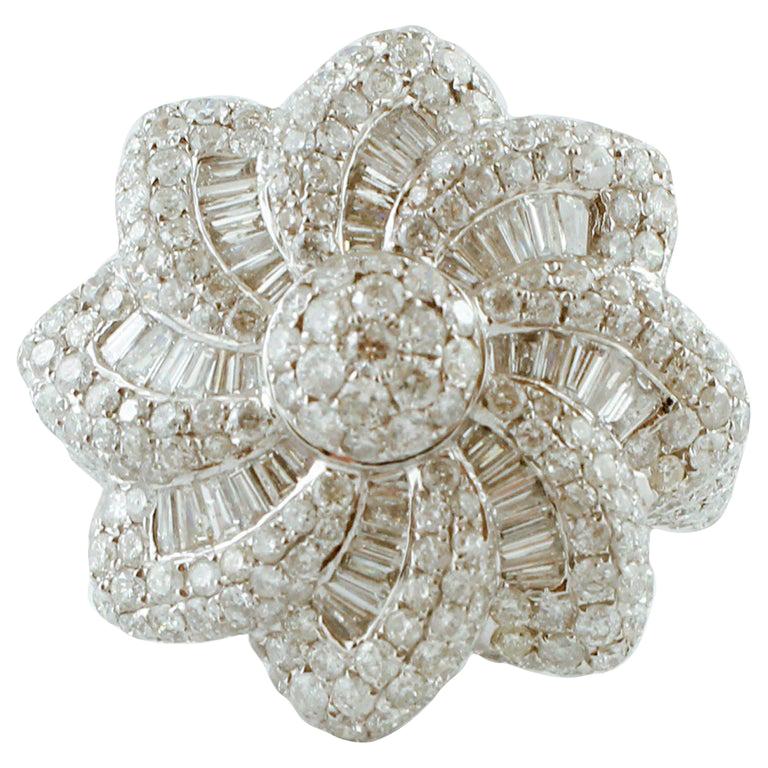 Round and Baguette Diamonds, 18 Karat White Gold Flower Ring