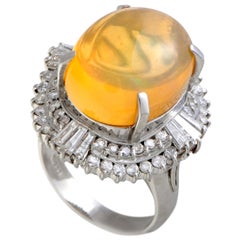 Round and Baguette Diamonds and Opal Oval Platinum Ring