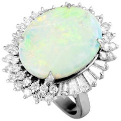 Round and Baguette Diamonds and Opal Platinum Oval Ring
