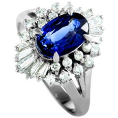 Round and Baguette Diamonds and Oval Sapphire Platinum Ring