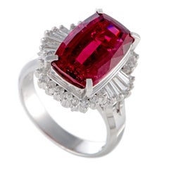 Round and Baguette Diamonds and Rectangle Cushion Pink Tourmaline Platinum Ring
