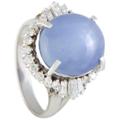 Round and Baguette Diamonds and Round Sapphire Platinum Ring