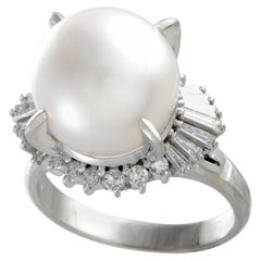 Round and Baguette Diamonds and White Pearl Platinum Ring