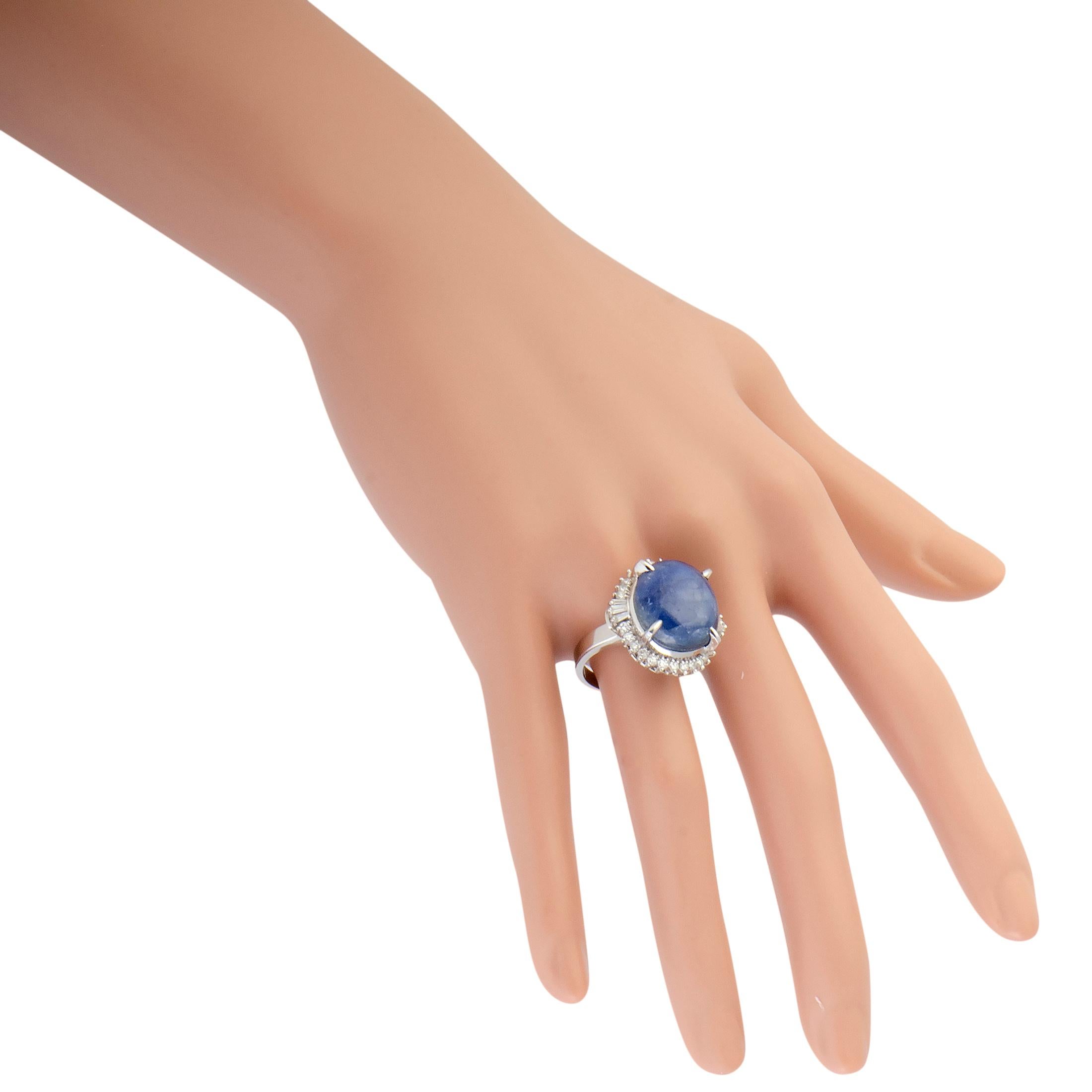 Women's Round and Baguette Diamonds Star Sapphire Cabochon Platinum Ring