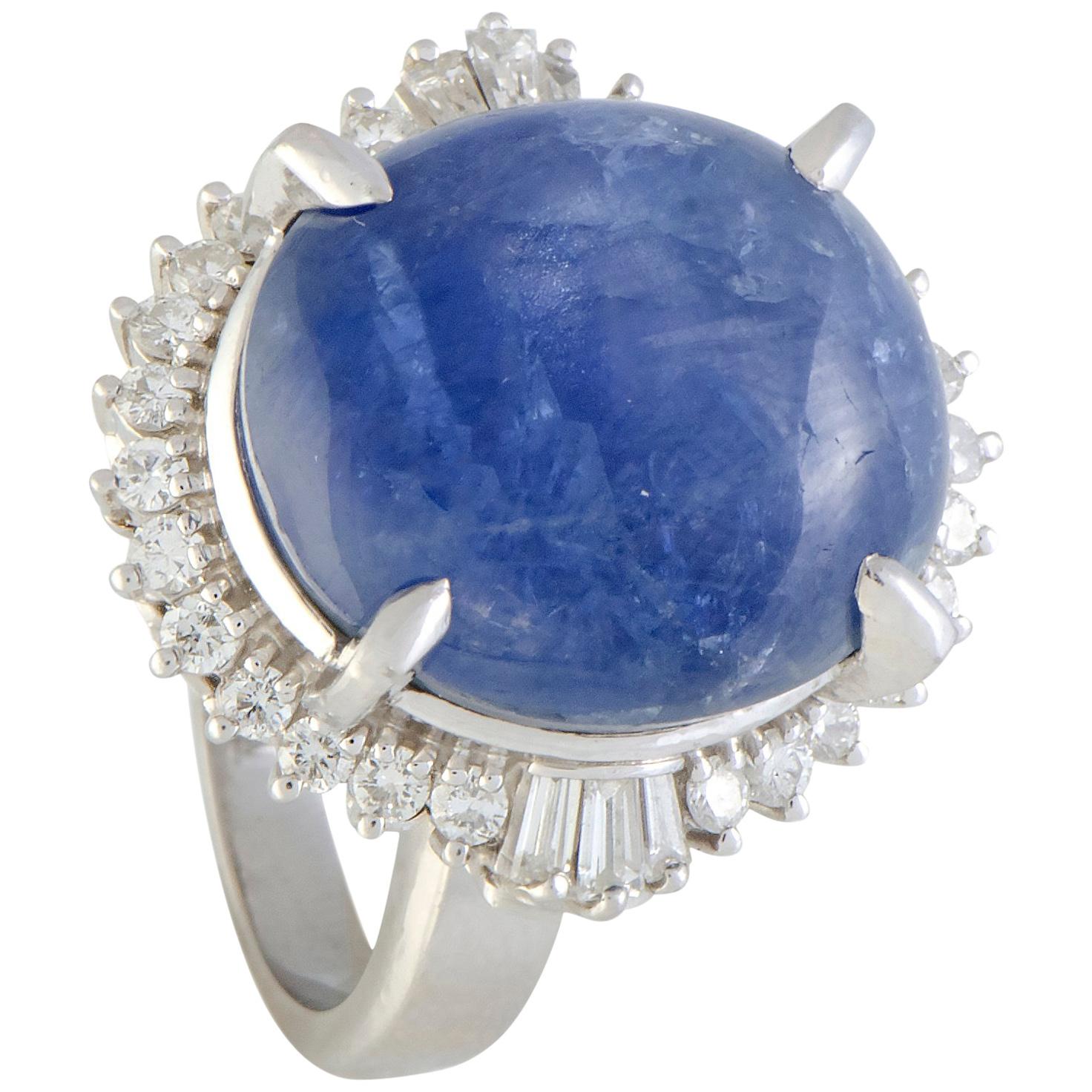 Round and Baguette Diamonds Star Sapphire Cabochon Platinum Ring