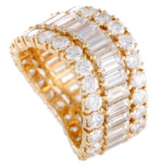 Vintage Round and Baguette Diamonds Waved Eternity Yellow Gold Band Ring