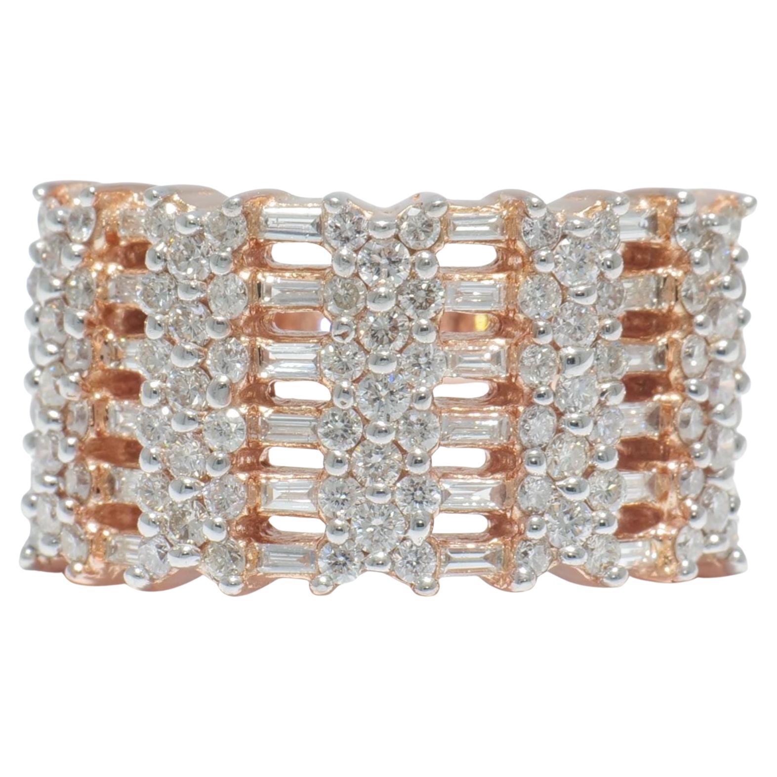 Round and Baguette Natural Diamond Ring in 14K Solid Gold (Certified)