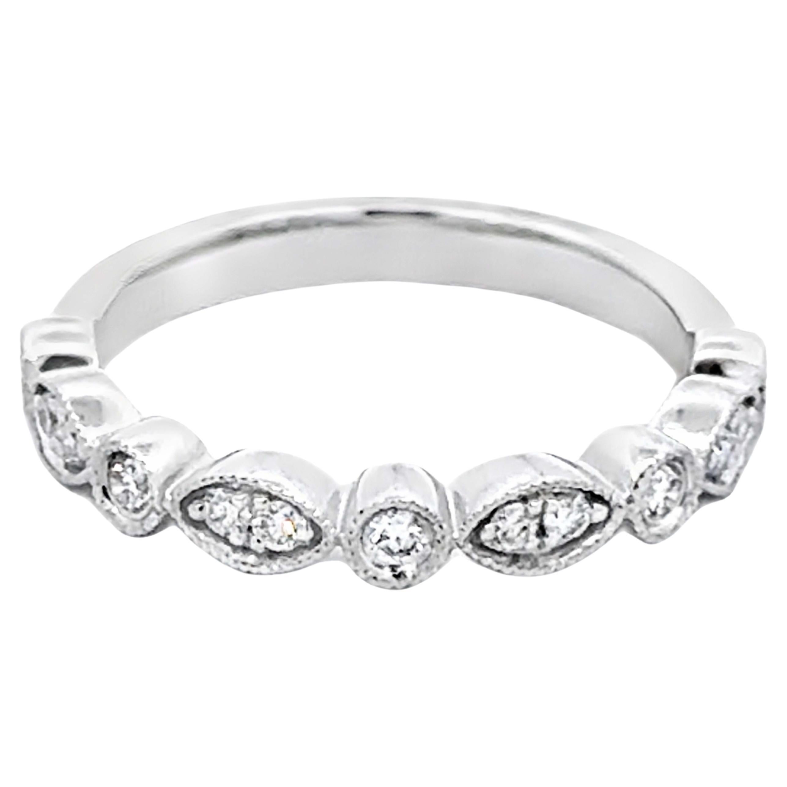Round and Diamond Shaped Milgrain Bezel Diamond Wedding Band Ring 14K White Gold