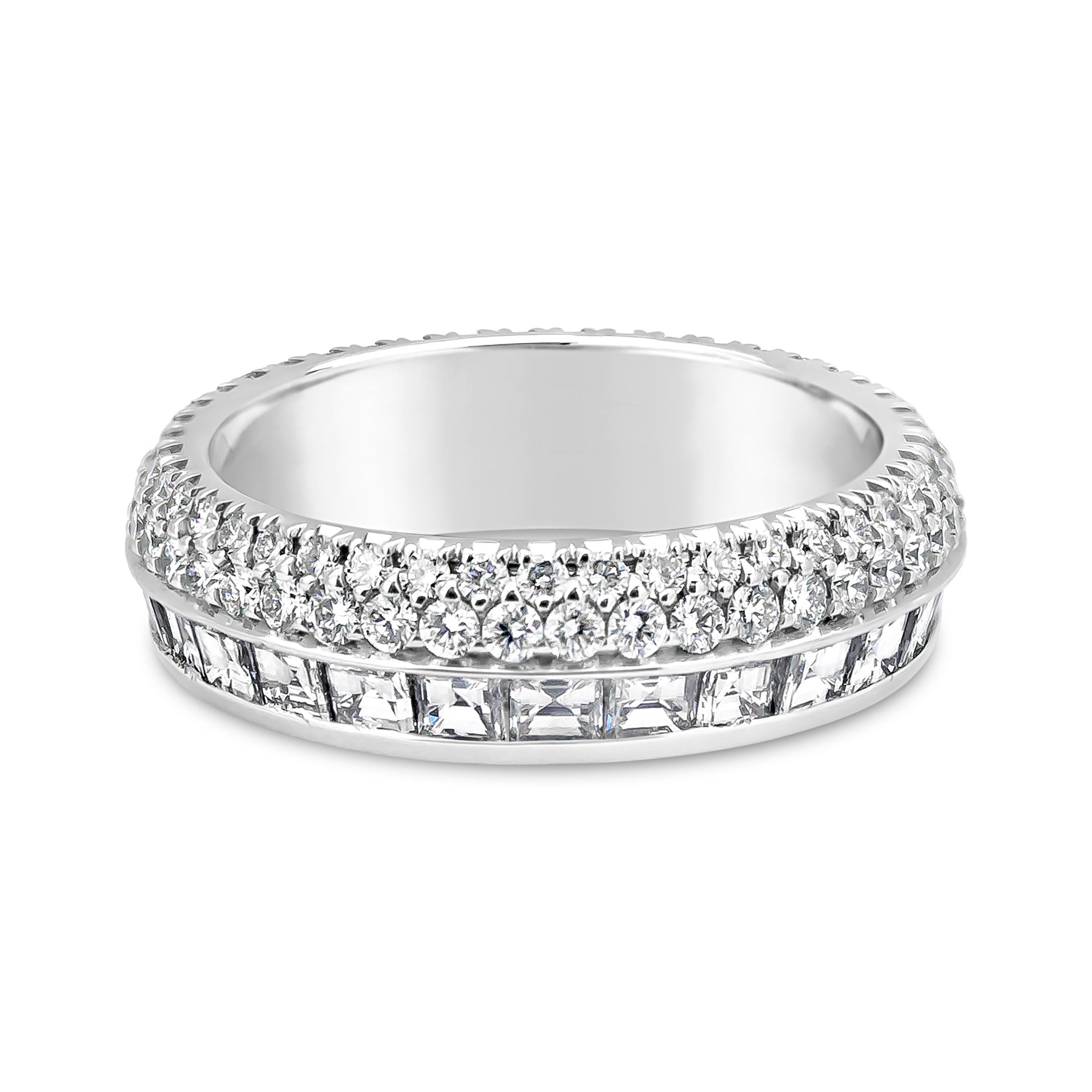 A modern and chic wedding band style showcasing a row of emerald cut diamonds weighing 1.98 carats, and round brilliant diamonds weighing 0.98 carats total, in 18K palladium. The ring is designed to be reversible with either emerald or round