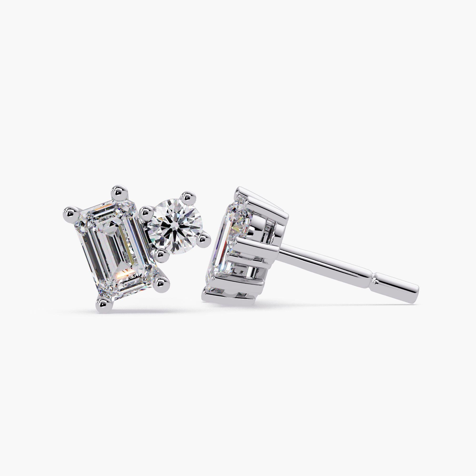 Contemporain Round and Emerald Cut Earrings, Toi Et Moi Diamond Stud Earrings, 1 Ctw Studs en vente