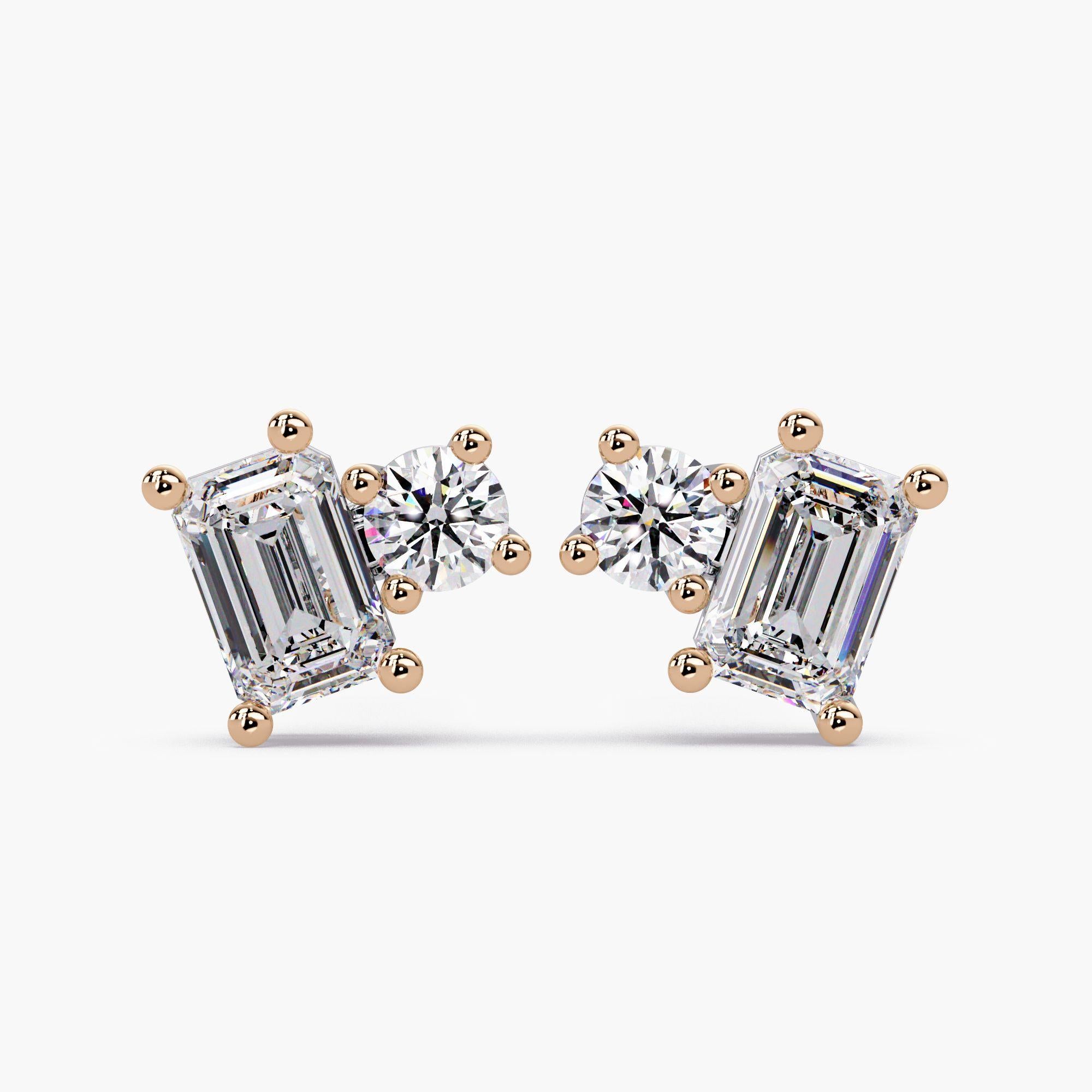 Round and Emerald Cut Earrings, Toi Et Moi Diamond Stud Earrings, 1 Ctw Studs en vente 2