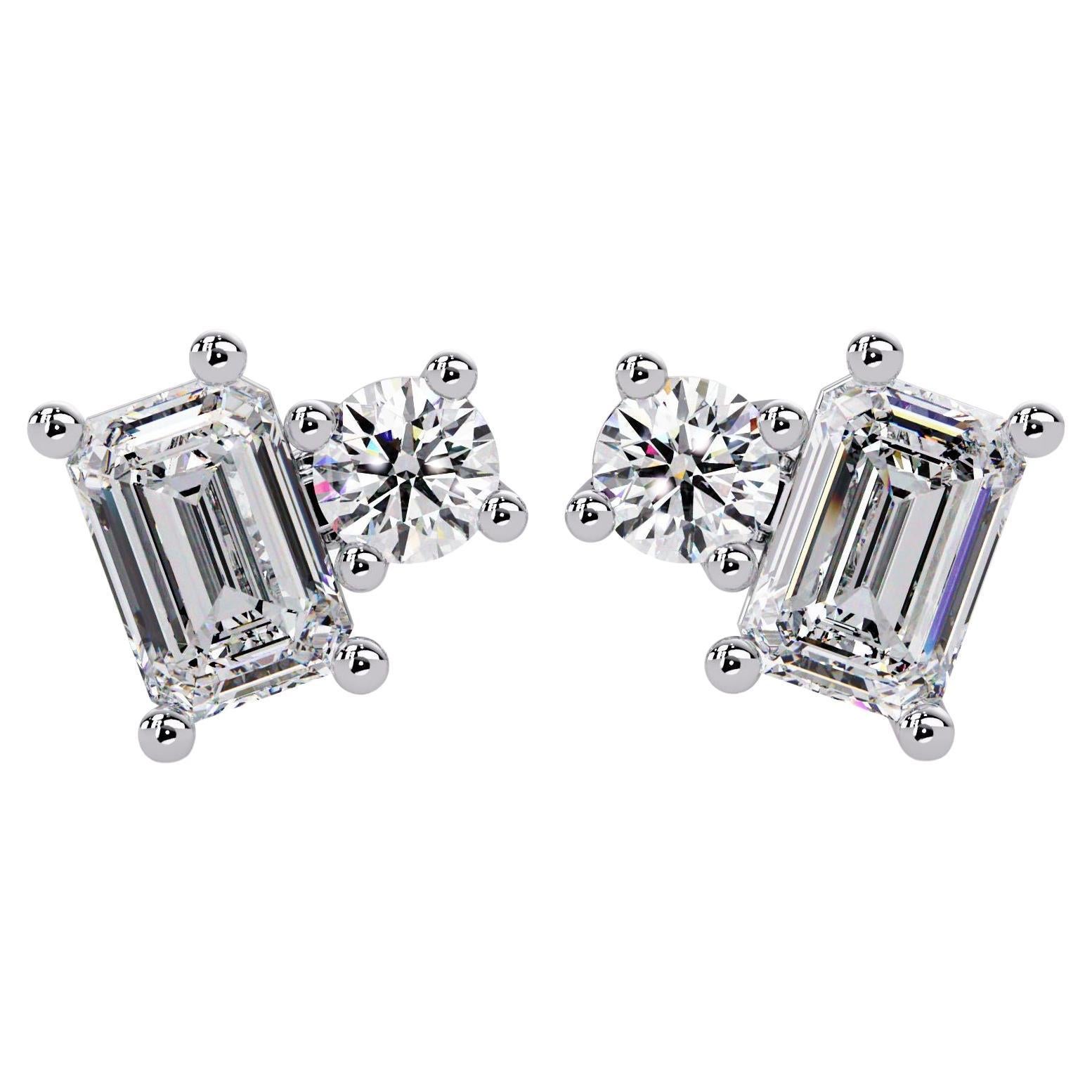 Round and Emerald Cut Earrings, Toi Et Moi Diamond Stud Earrings, 1 Ctw Studs