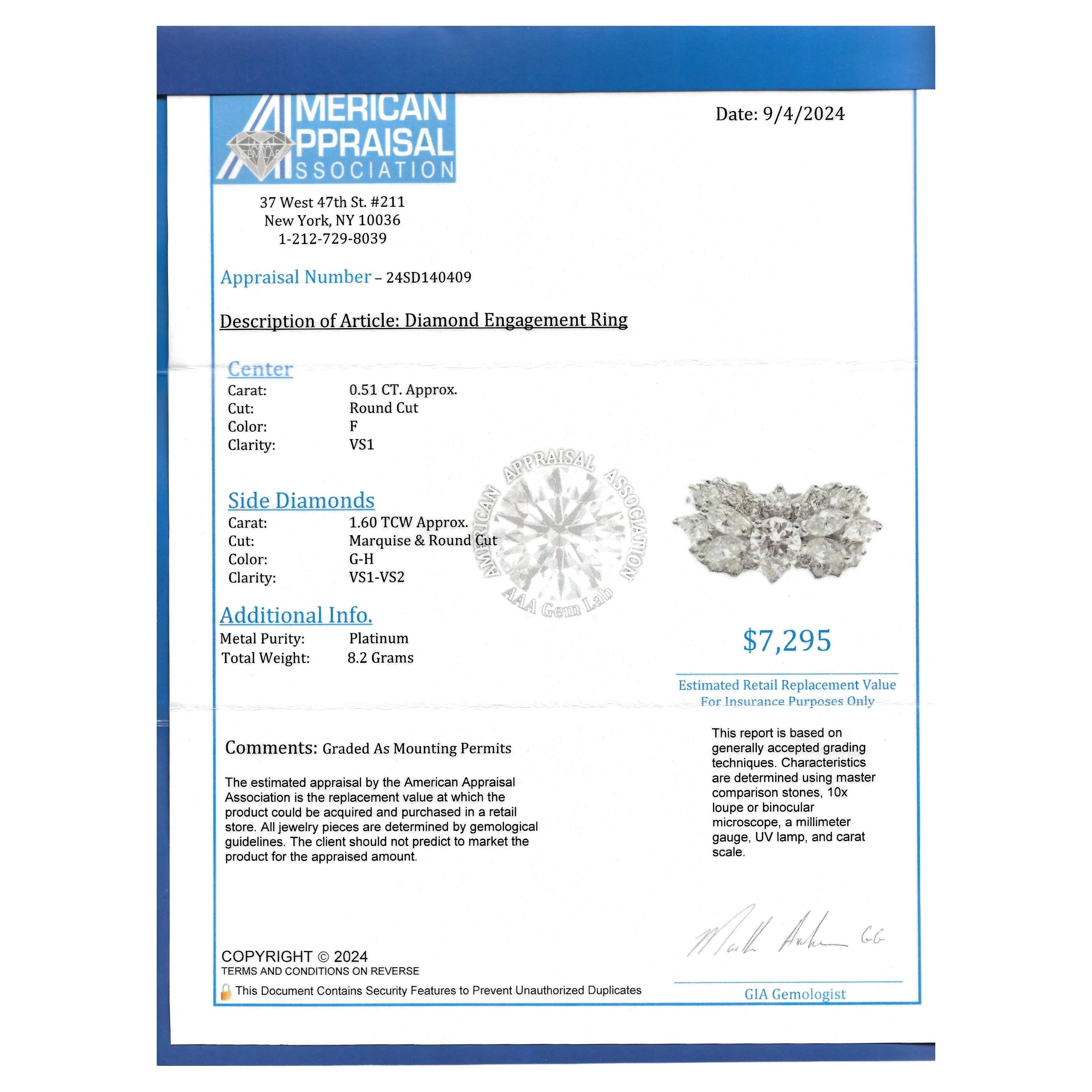 Anello a fascia con diamanti rotondi e taglio marquis in platino lucido, F / VS1 in vendita 2