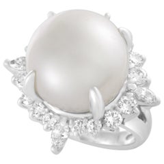 Round and Marquise Diamonds and Pearl Platinum Ring