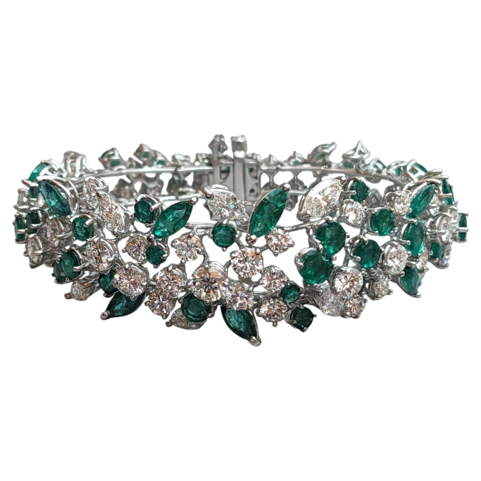 Round and Marquise Emerald and Diamond Cluster Bracelet in Platinum and 14k WG For Sale