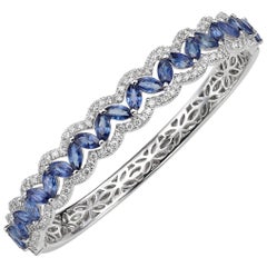 Round and Marquise-Shape Sapphire Diamond 18 Karat White Gold Bracelet Bangle Round and Marquise-Shape Sapphire Diamond 18 Karat White Gold Bracelet Bangle