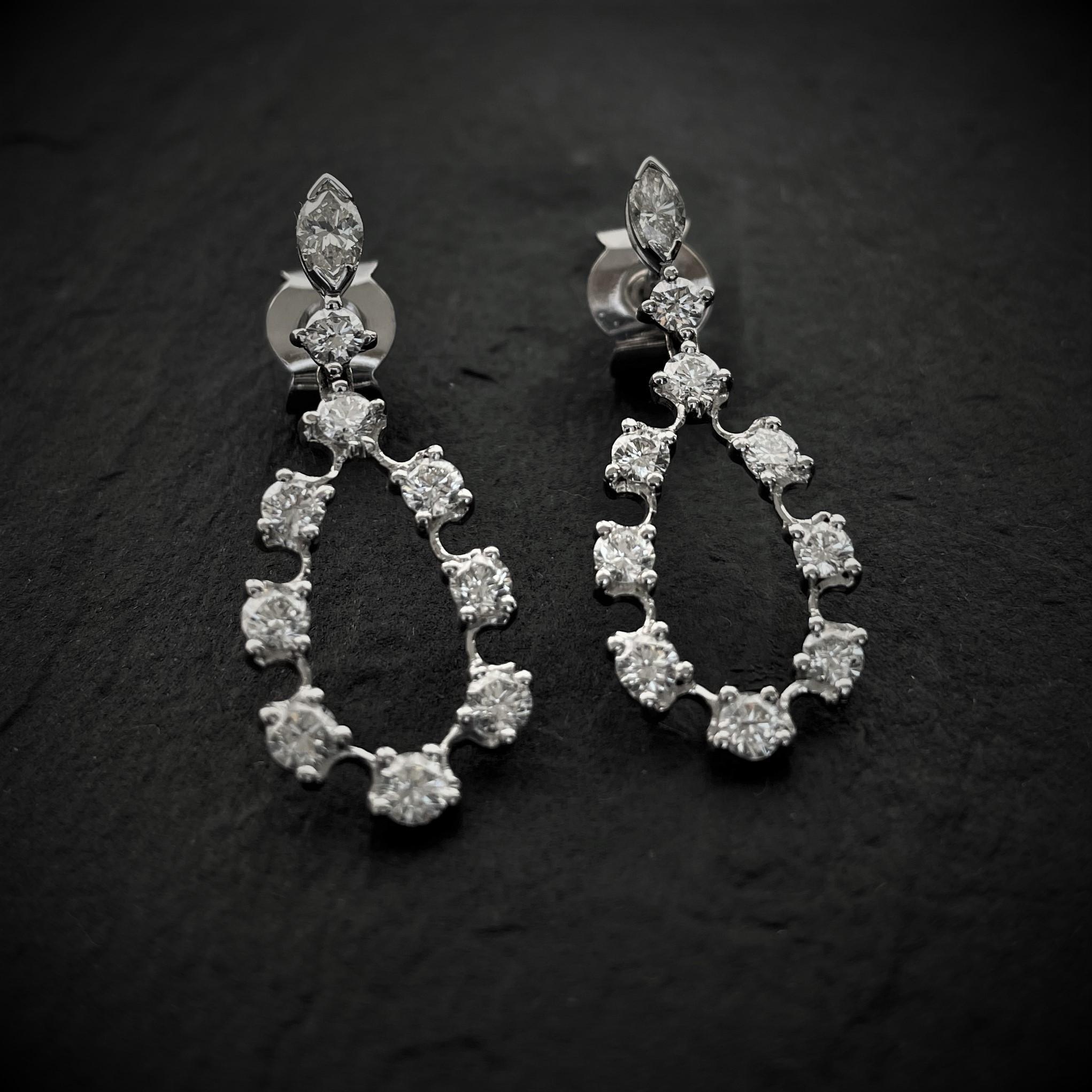 Contemporary Rosior Round and Navette Cut Diamond Drop Earrings set in White Gold 