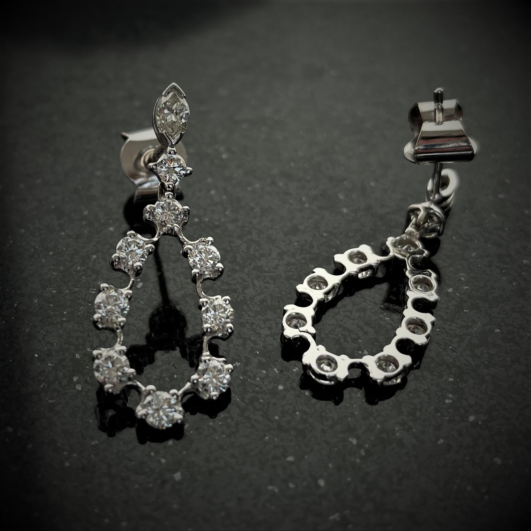 Rosior Round and Navette Cut Diamond Drop Earrings set in White Gold  In New Condition In Porto, PT