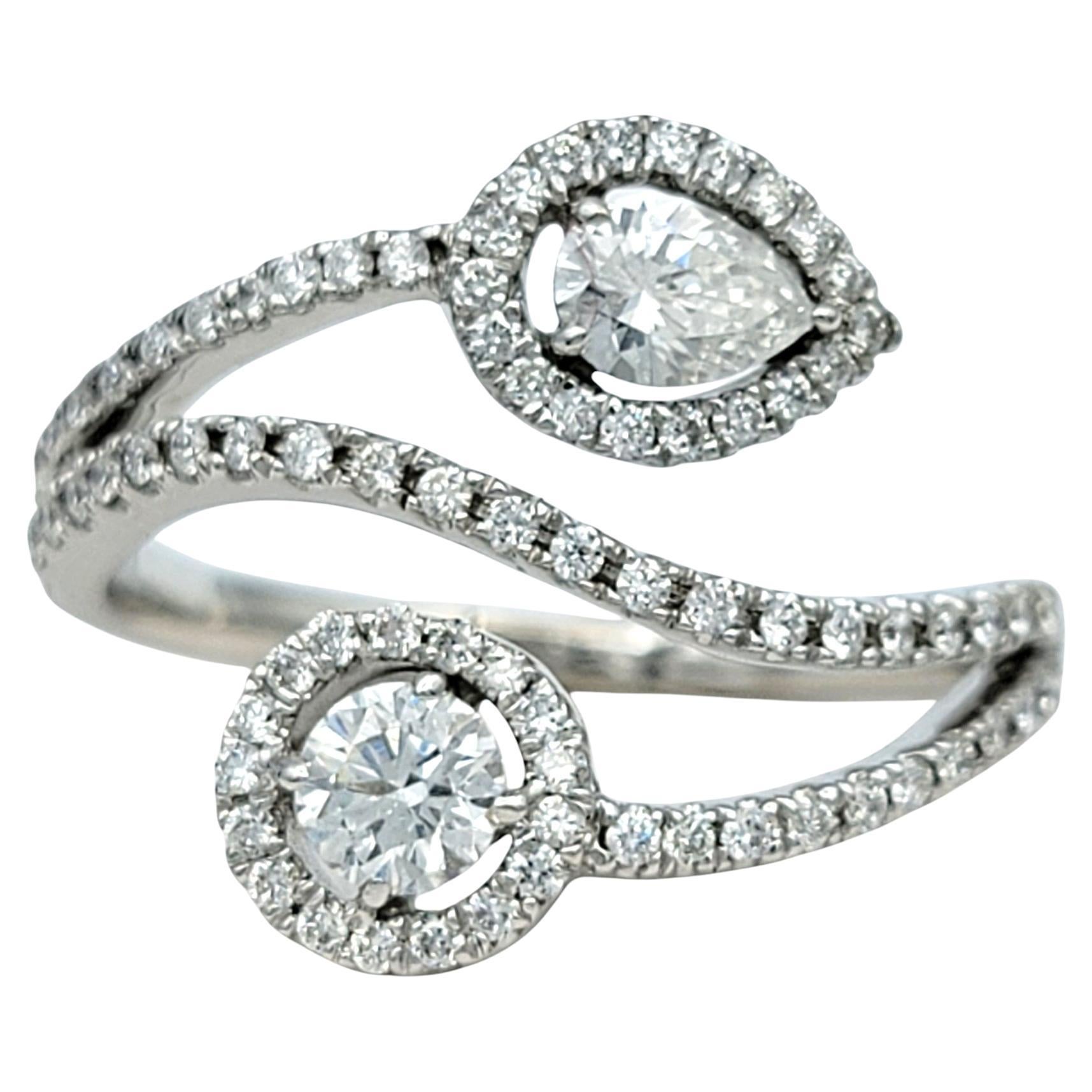 Round and Pear Cut Diamond Pavé Bypass Cocktail Ring in 14 Karat White Gold