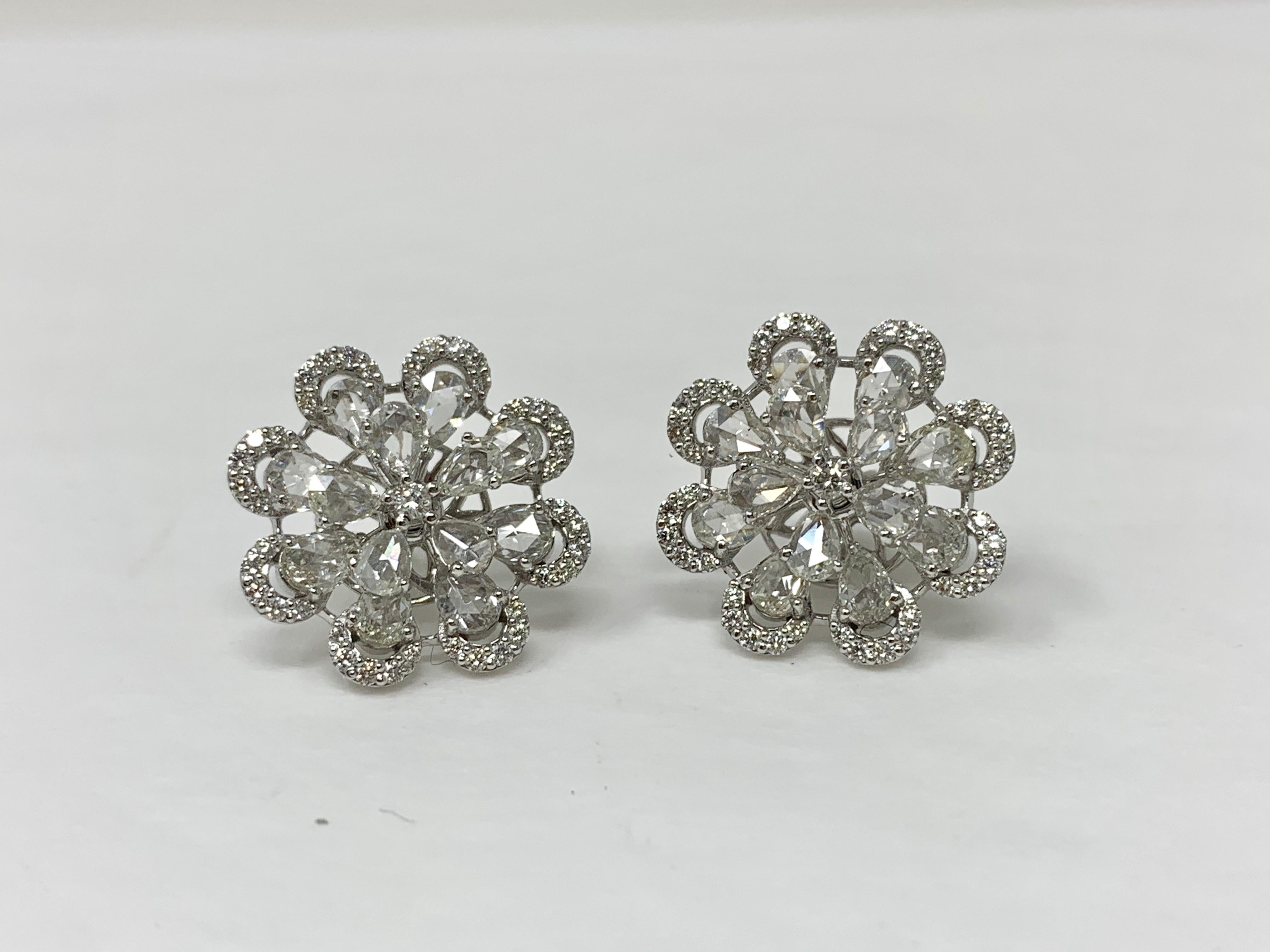 Round and Pear Shape Rose Cut Diamond Stud Earrings in 18 Karat White Gold In New Condition For Sale In New York, NY