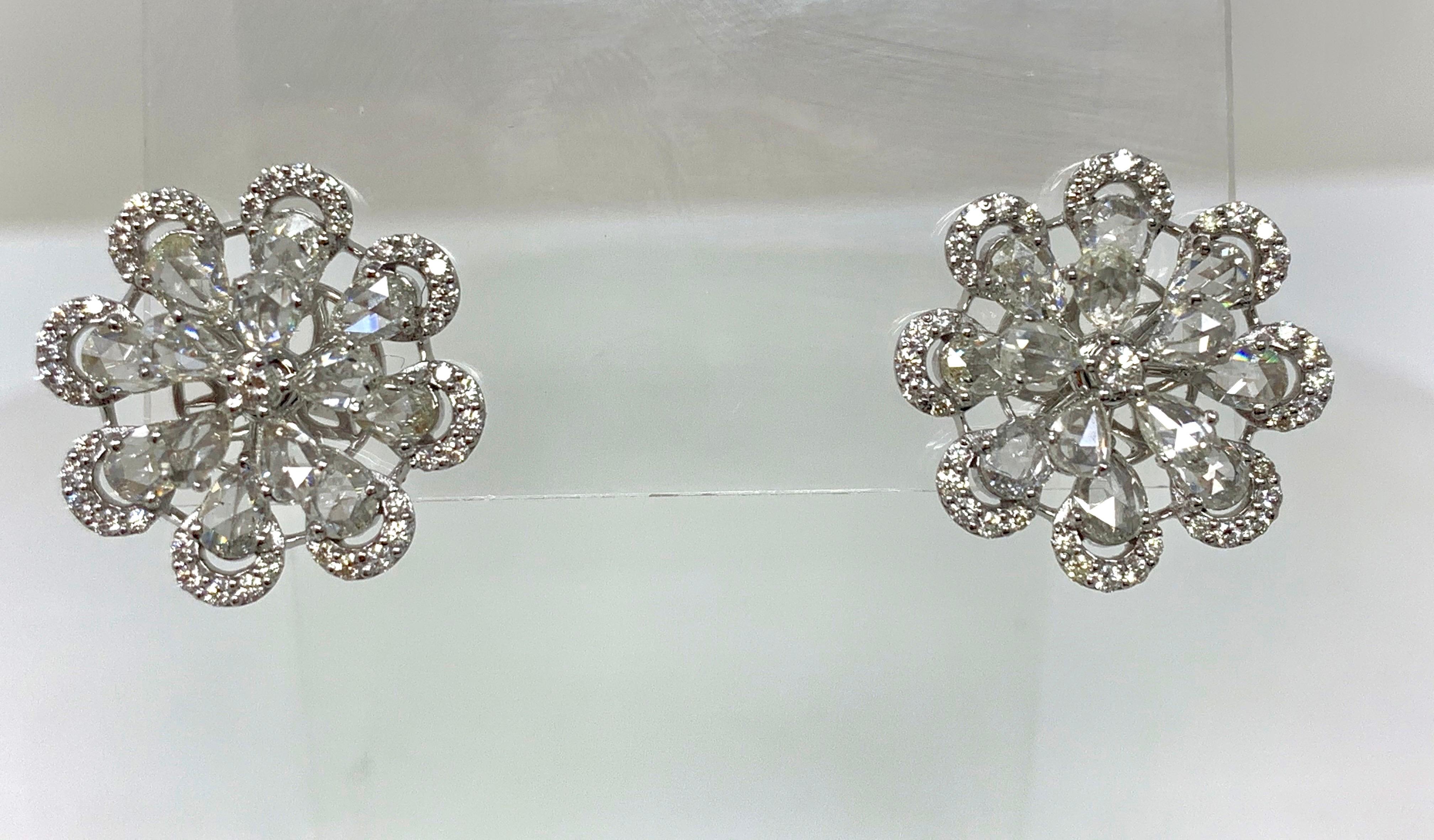 Round and Pear Shape Rose Cut Diamond Stud Earrings in 18 Karat White Gold For Sale 1