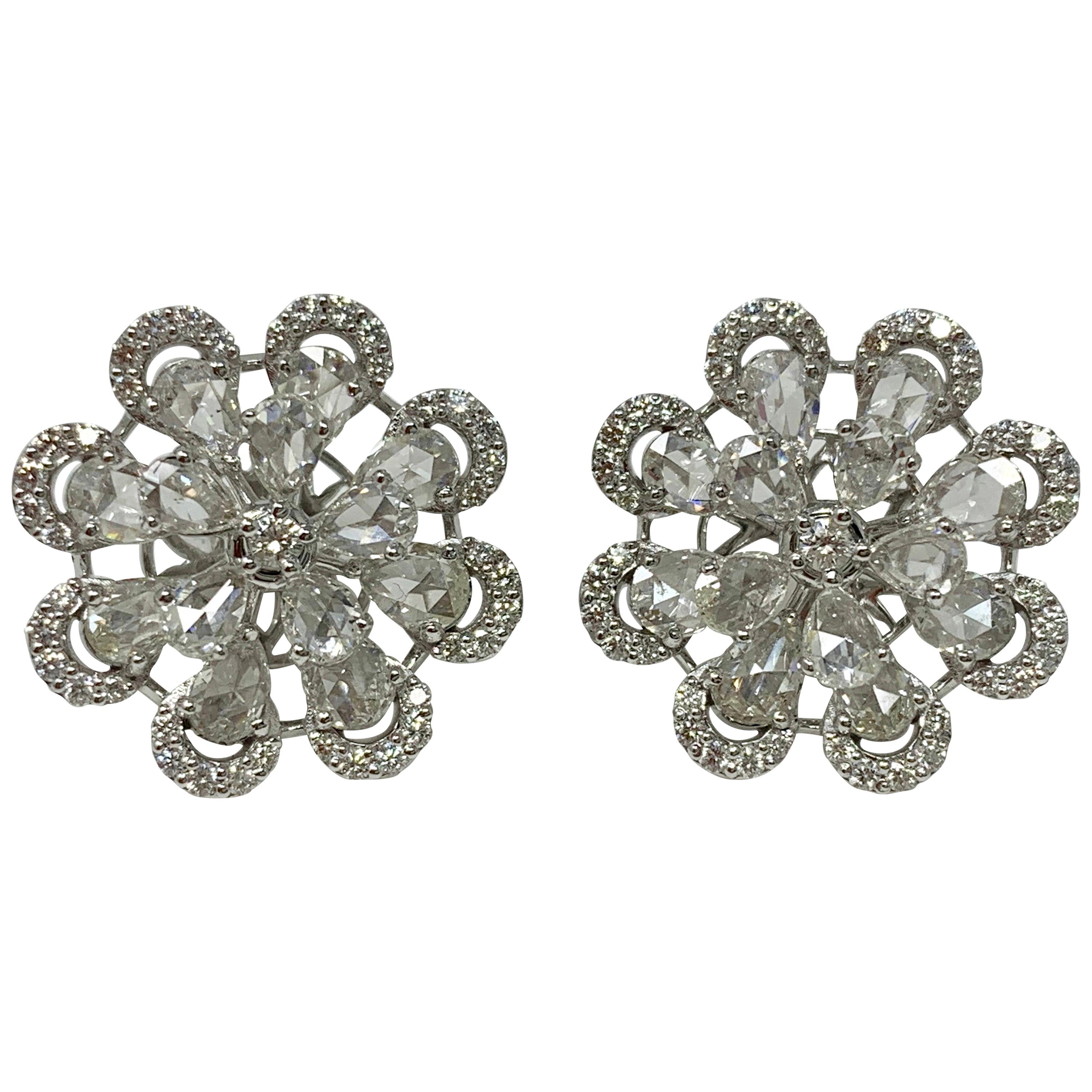 Moguldiam Inc Rose Cut Diamond Stud Earrings beautifully handmade in 18 K white gold. 
Diamond weight: 3.60 carats ( GH color and VS clarity ) 
Metal: 18 K White Gold 
video is available upon request. 
