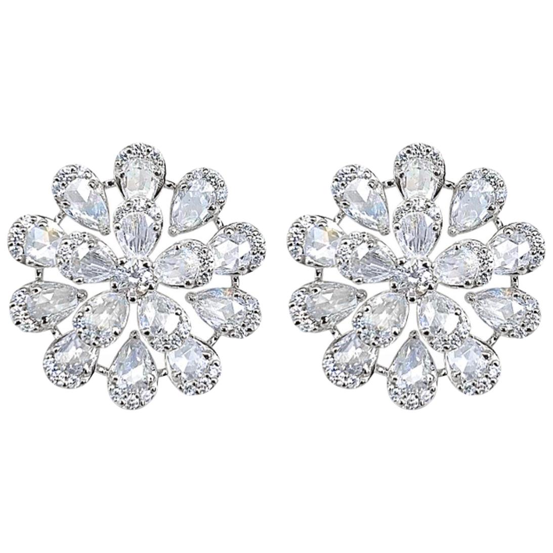 Round and Pear Shape Rose Cut Diamond Stud Earrings in 18 Karat White Gold