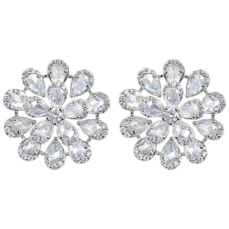 Round and Pear Shape Rose Cut Diamond Stud Earrings in 18 Karat White ...