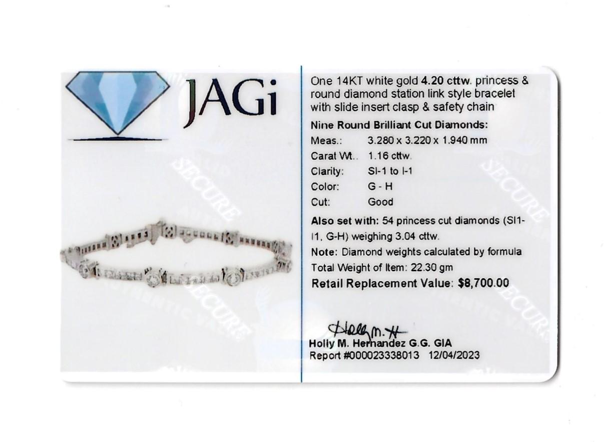 Round and Princess Cut Diamond Station Link Bracelet Set in 14 Karat White Gold For Sale 1