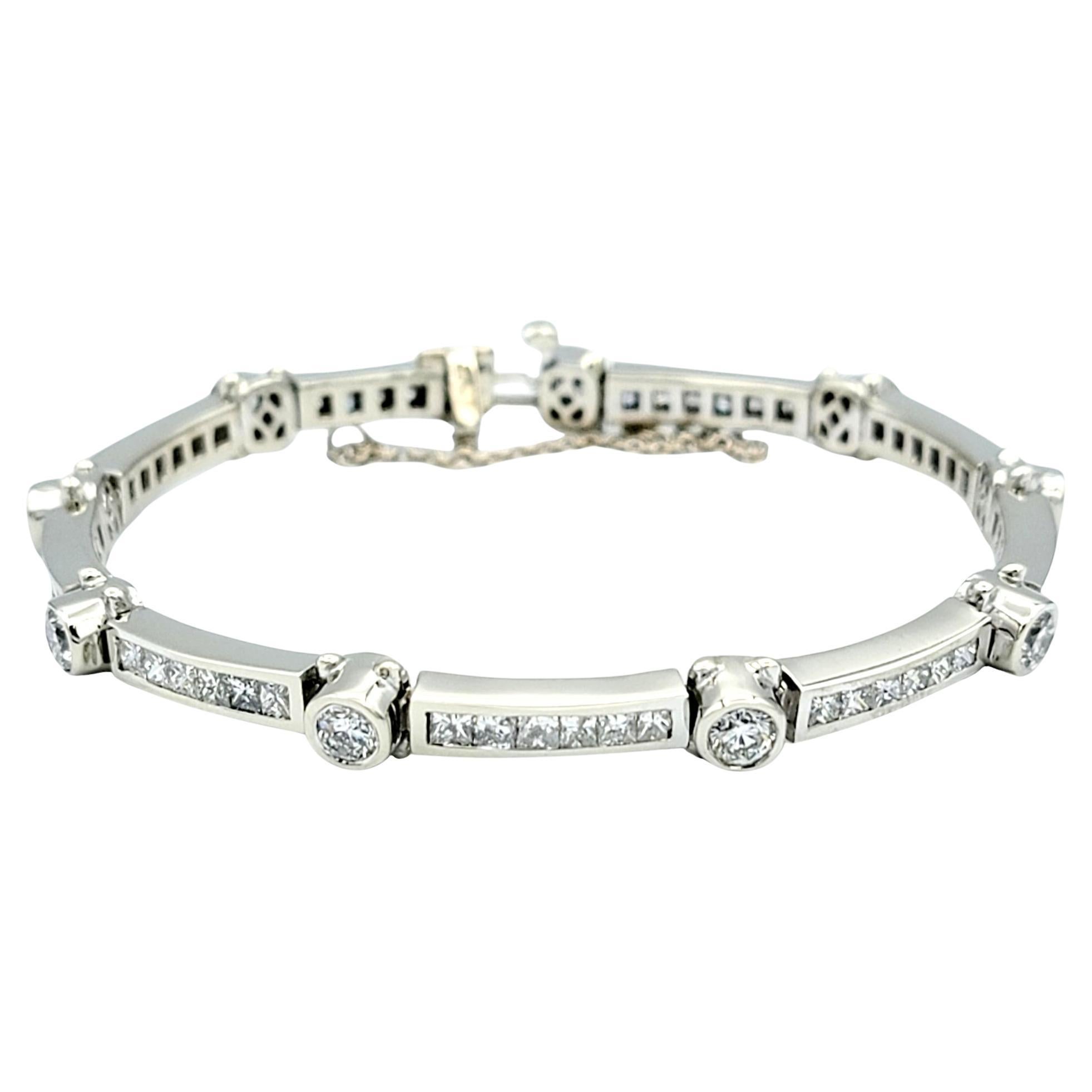 Round and Princess Cut Diamond Station Link Bracelet Set in 14 Karat White Gold For Sale