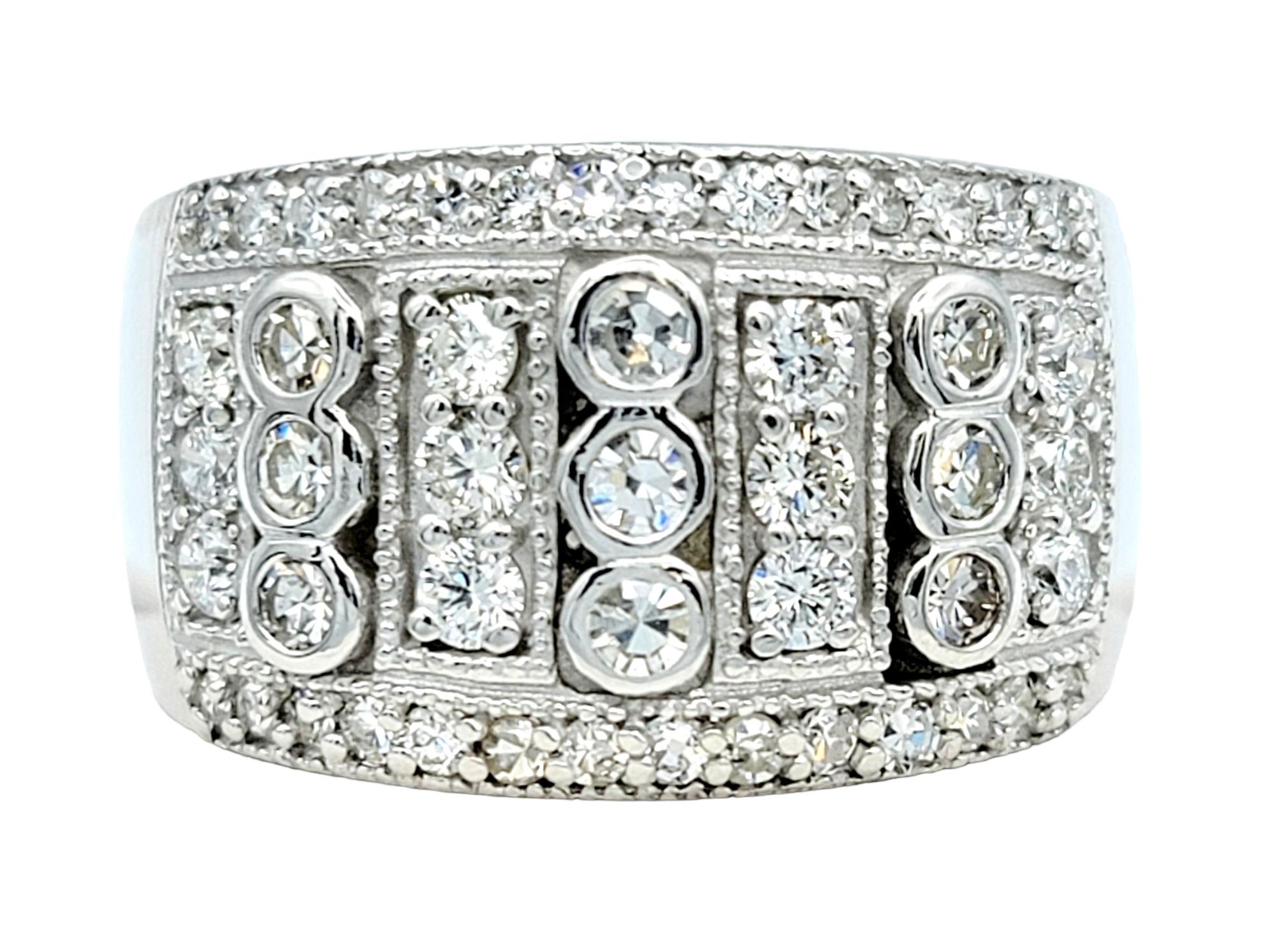 Contemporary Round and Single Cut Diamond Multi Row Wide Band Ring in 14 Karat White Gold  For Sale
