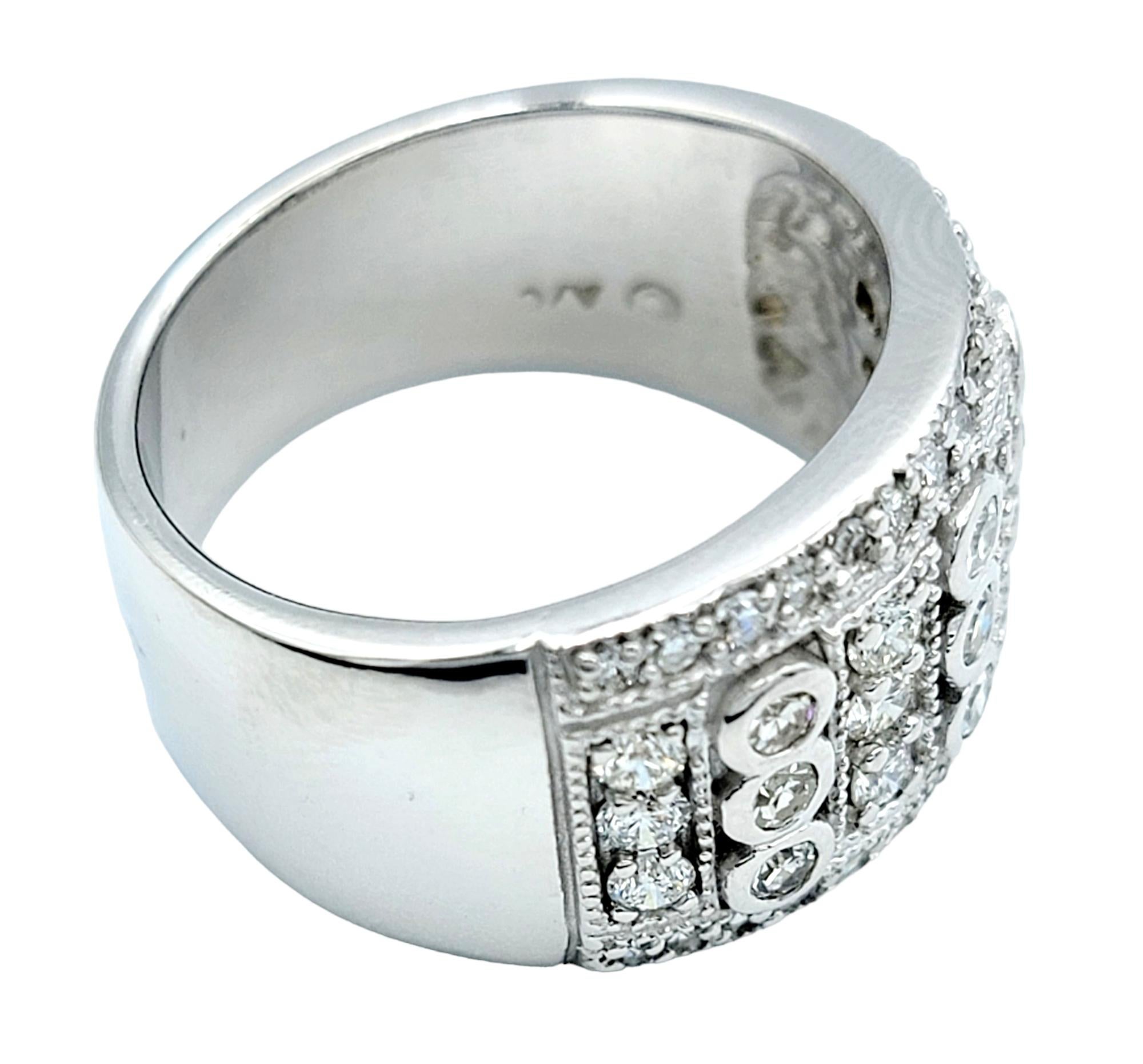 Round Cut Round and Single Cut Diamond Multi Row Wide Band Ring in 14 Karat White Gold  For Sale
