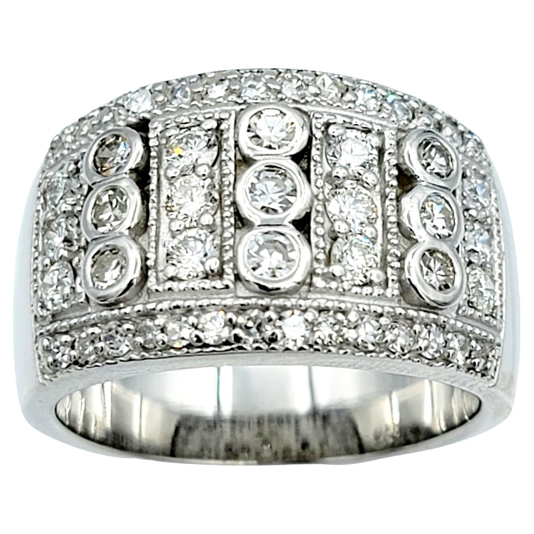 Round and Single Cut Diamond Multi Row Wide Band Ring in 14 Karat White Gold  For Sale