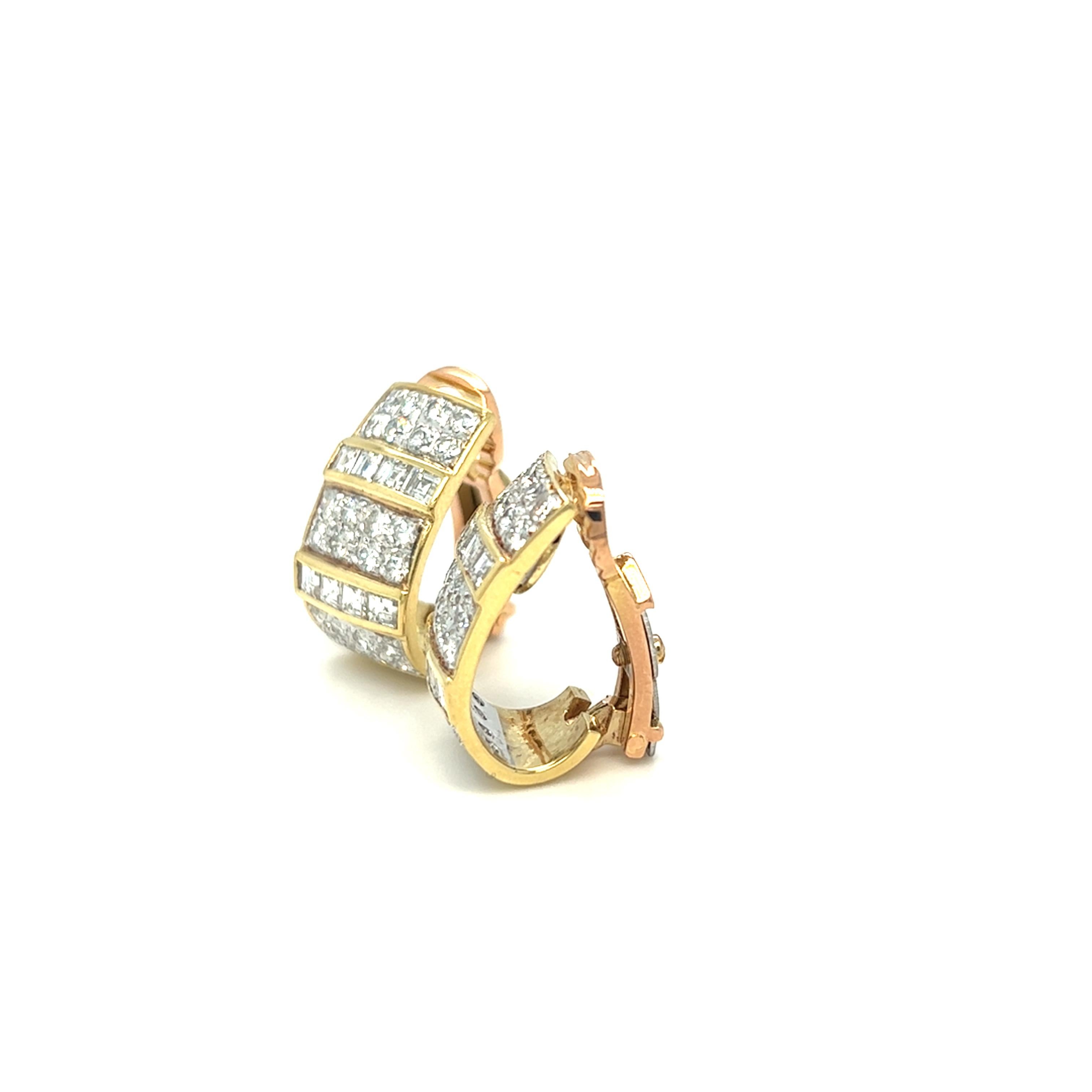 Princess Cut Round and Square Cut Half Hoop Clip on Earrings Yellow Gold