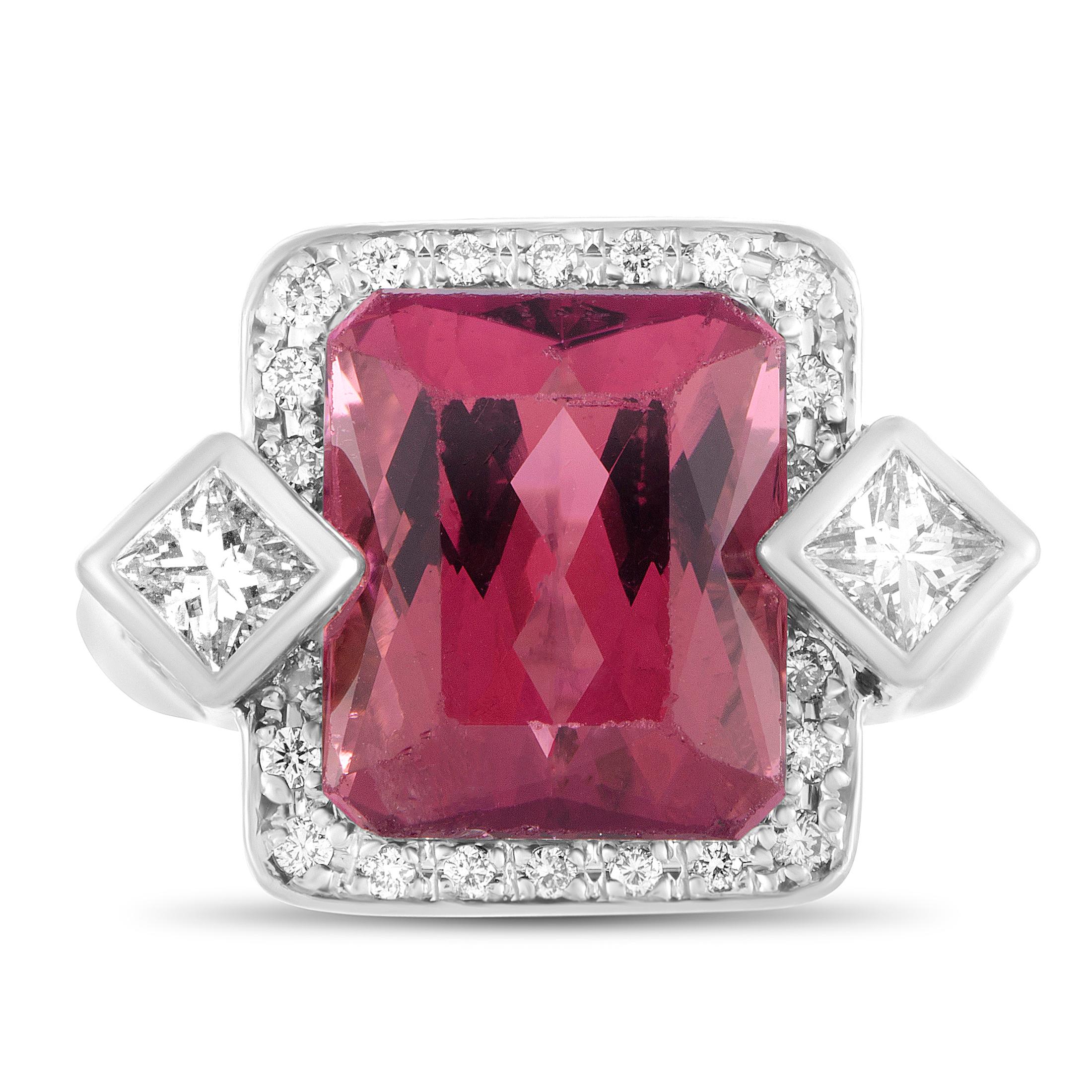 Women's Round and Square Diamonds and Rectangle Tourmaline Platinum Ring