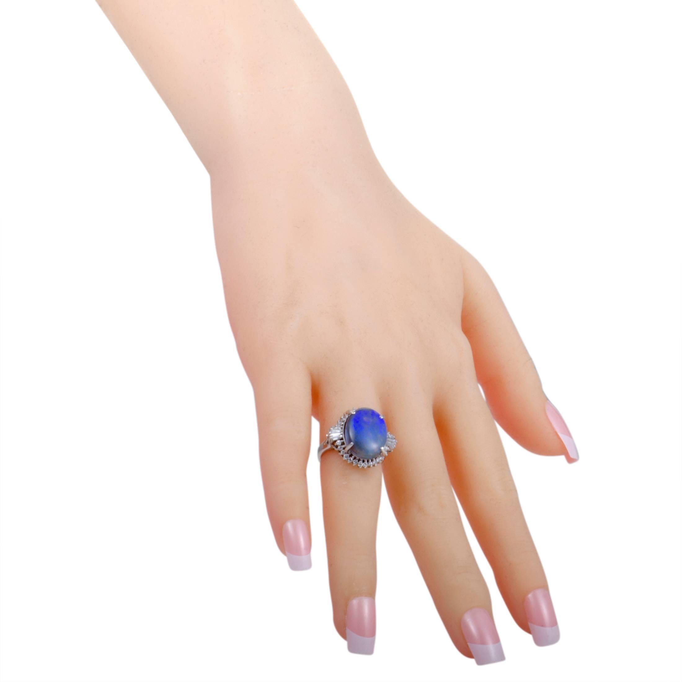 Women's Round and Tapered Baguette Diamond Blue Opal Platinum Ring