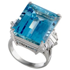 Round and Tapered Baguette Diamonds and Aquamarine Large Platinum Rectangle Ring