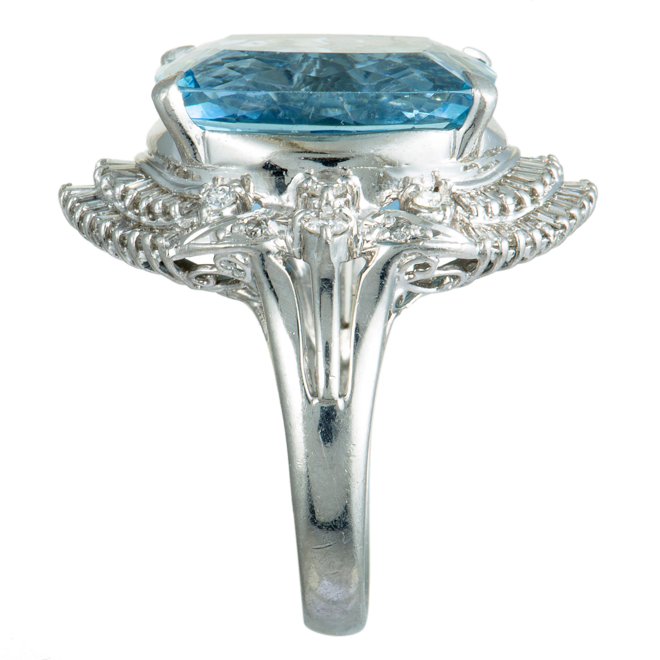 Baguette Cut Round and Tapered Baguette Diamonds and Aquamarine Platinum Oval Ring