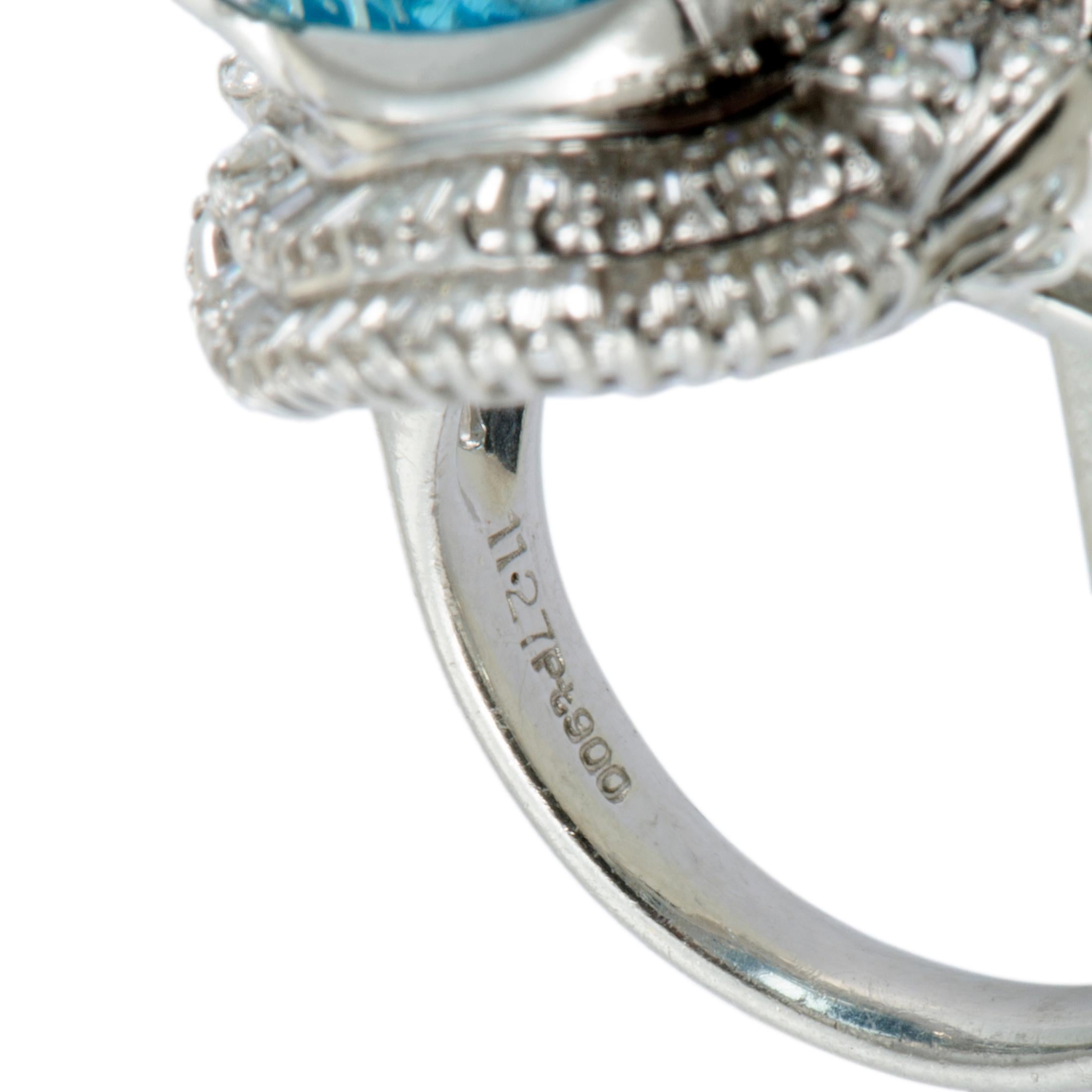 Women's Round and Tapered Baguette Diamonds and Aquamarine Platinum Oval Ring