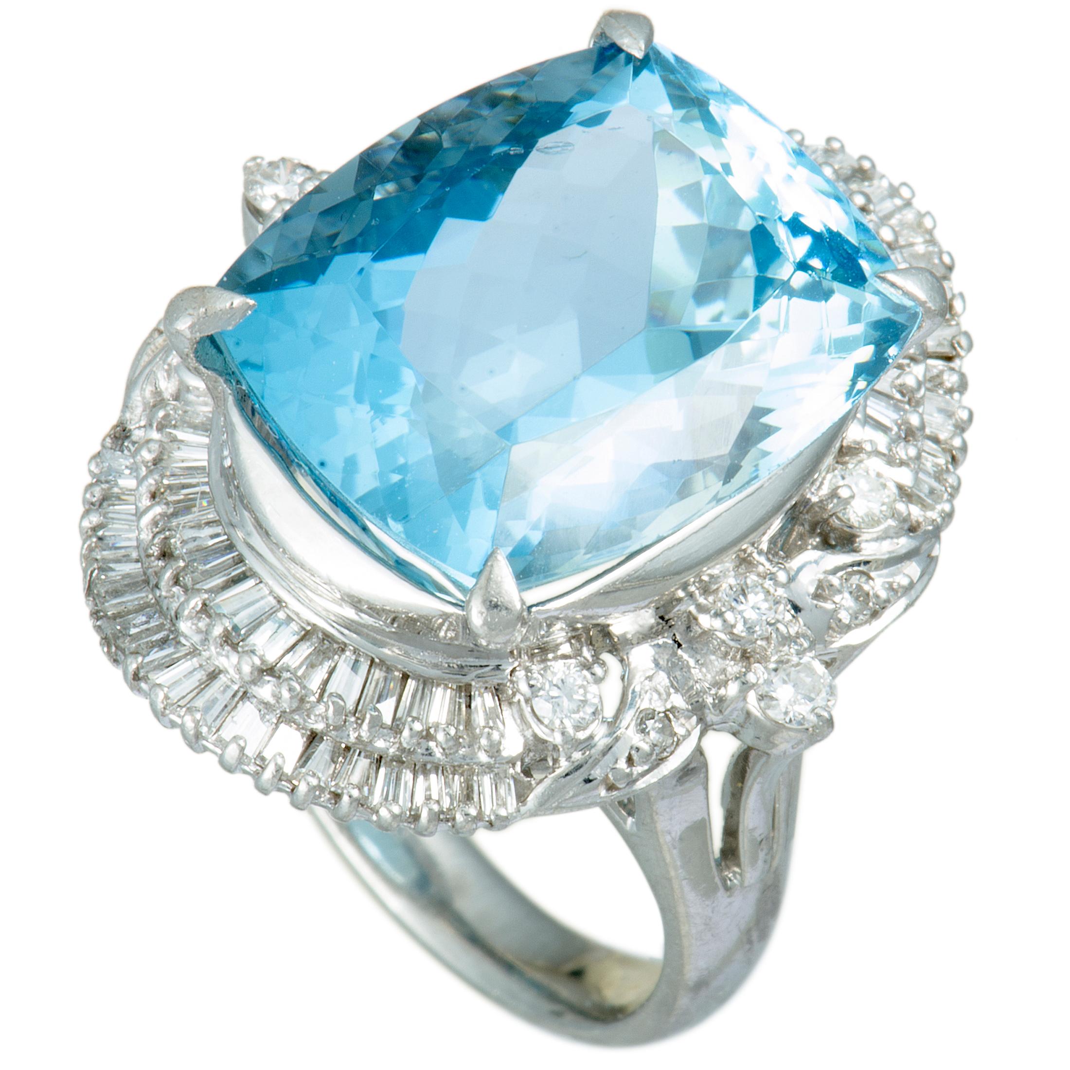 Round and Tapered Baguette Diamonds and Aquamarine Platinum Oval Ring