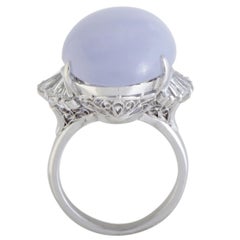 Round and Tapered Baguette Diamonds and Large Oval Lavender Jade Platinum Ring