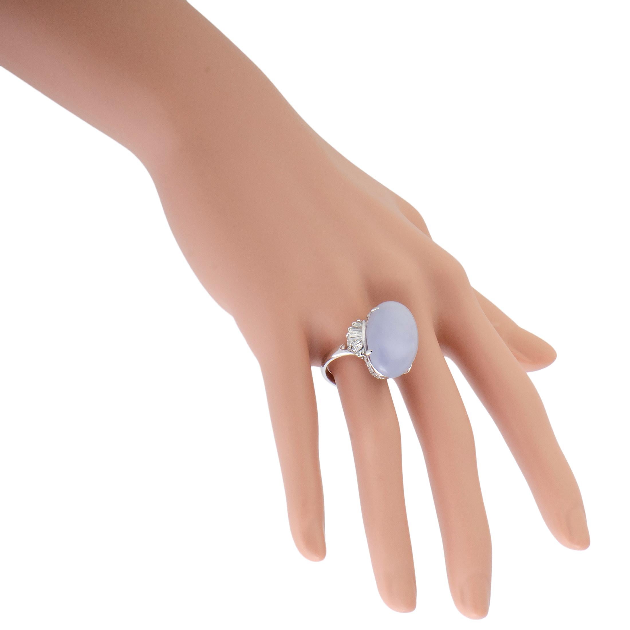 Women's Round and Tapered Baguette Diamonds and Large Oval Lavender Jade Platinum Ring