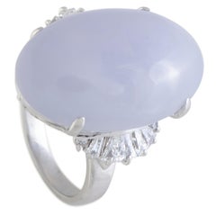 Round and Tapered Baguette Diamonds and Large Oval Lavender Jade Platinum Ring