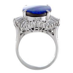 Round and Tapered Baguette Diamonds and Opal Oval Platinum Ring