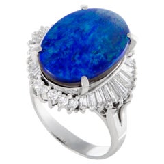 Round and Tapered Baguette Diamonds and Opal Oval Platinum Ring